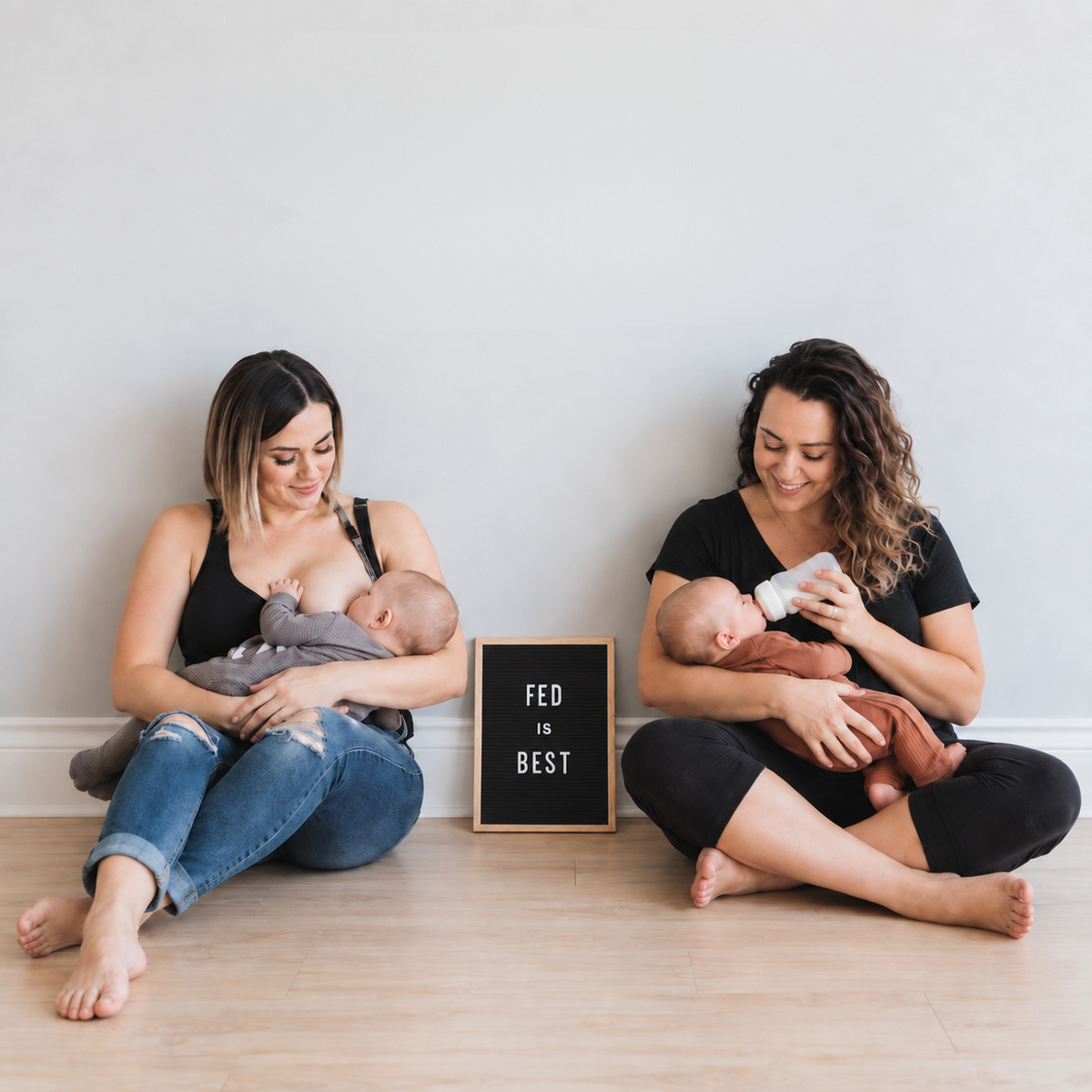 Breastfeeding and bottle feeding mothers feeding their babies side by side in a guide to common infant feeding questions.
