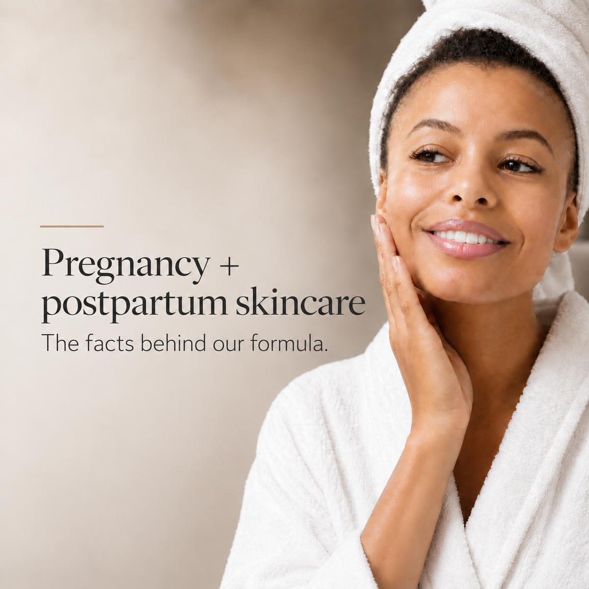 Woman in white robe touching her face beside pregnancy and postpartum skincare text for a retinol safety article.