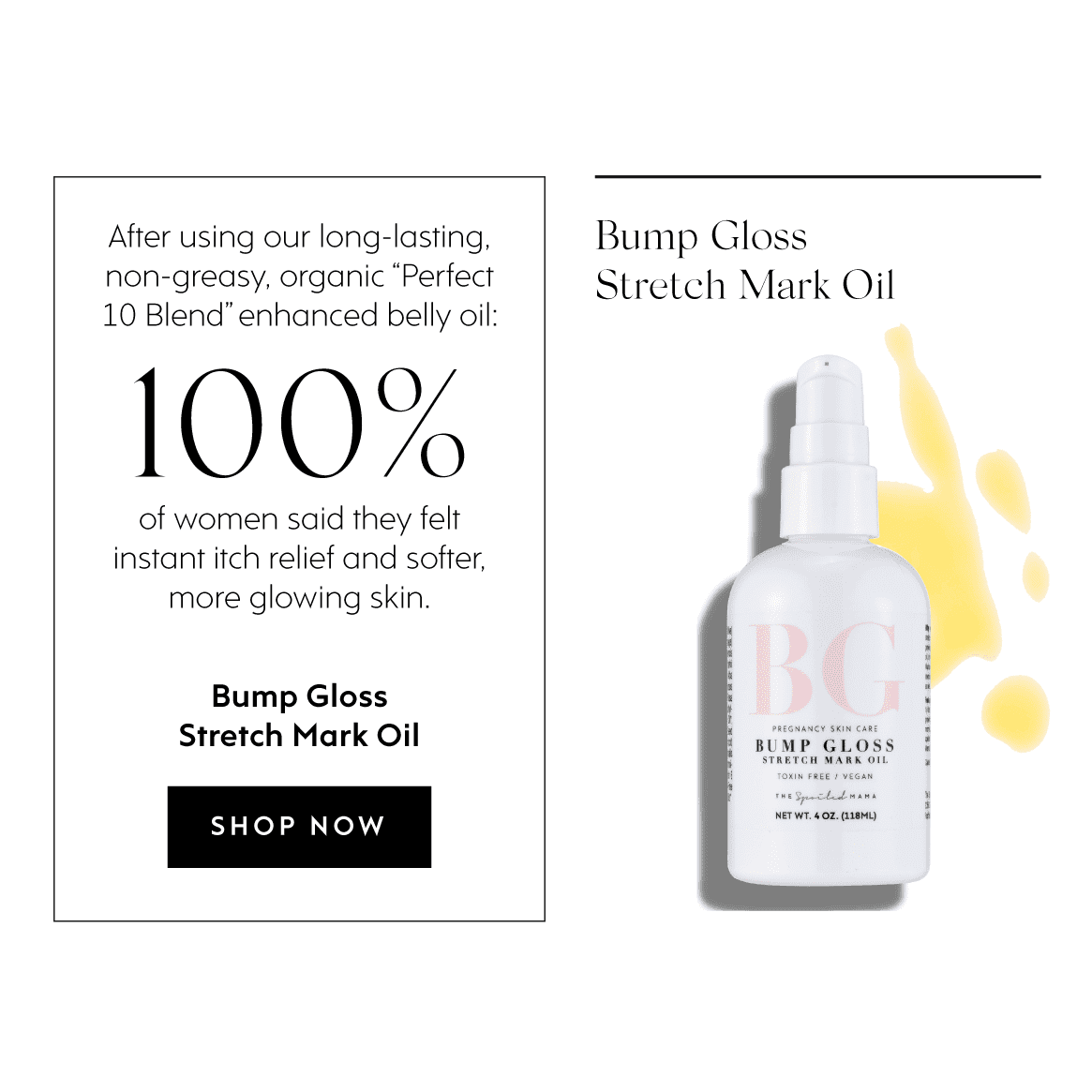 Bump Gloss Stretch Mark Oil bottle with promotional text on a green background