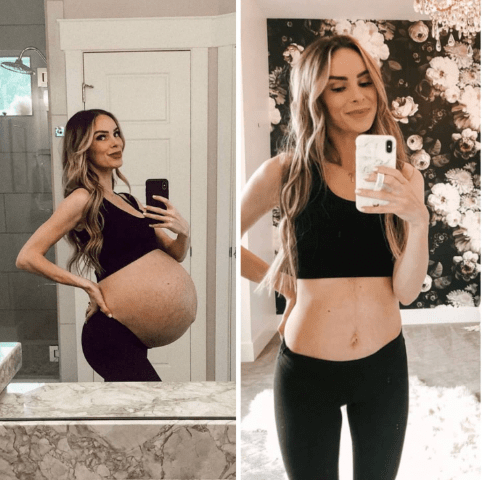 Side-by-side comparison of a woman taking mirror selfies, one showing a large belly and the other showing a toned abdomen.