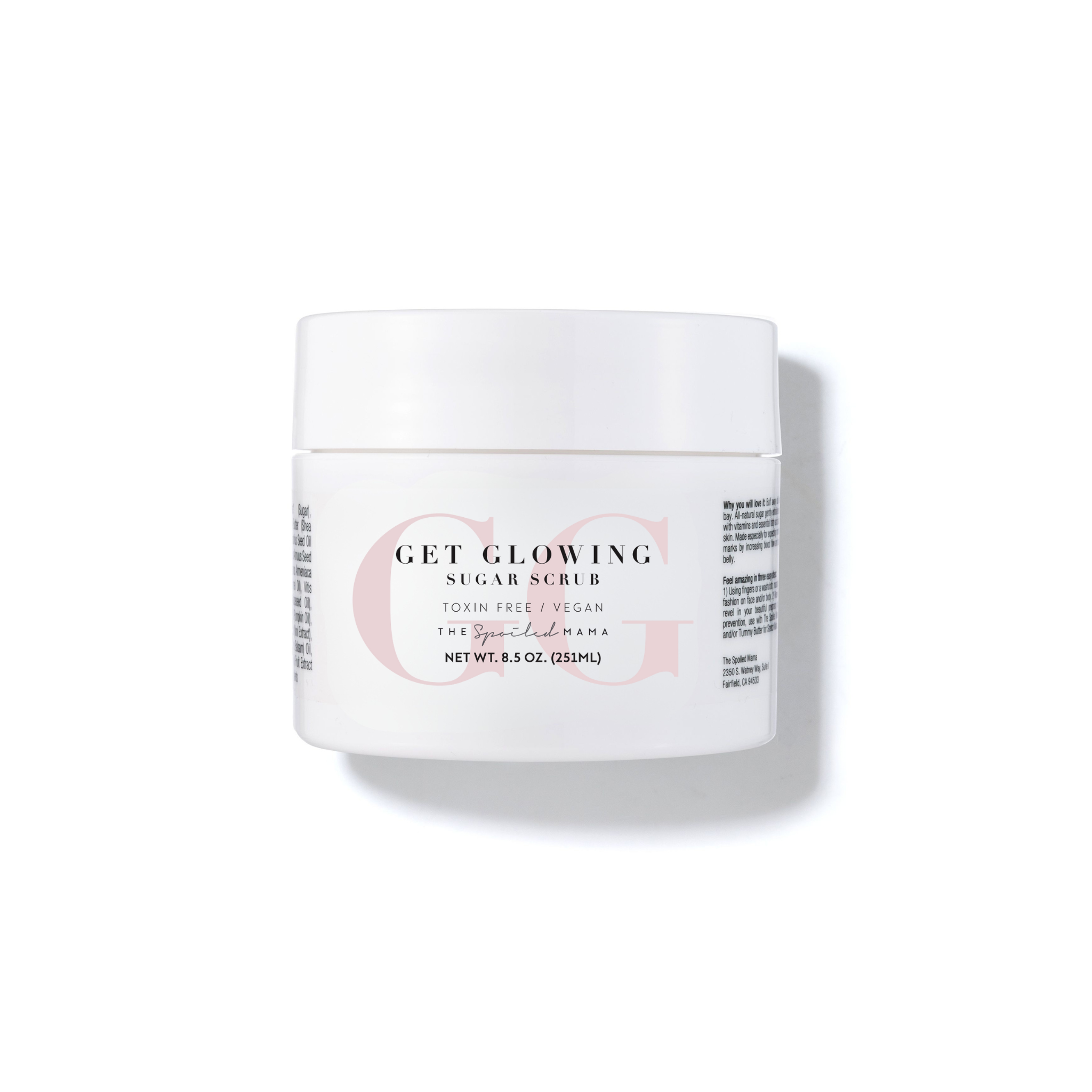 Jar of 'Get Glowing' sugar scrub on a white background