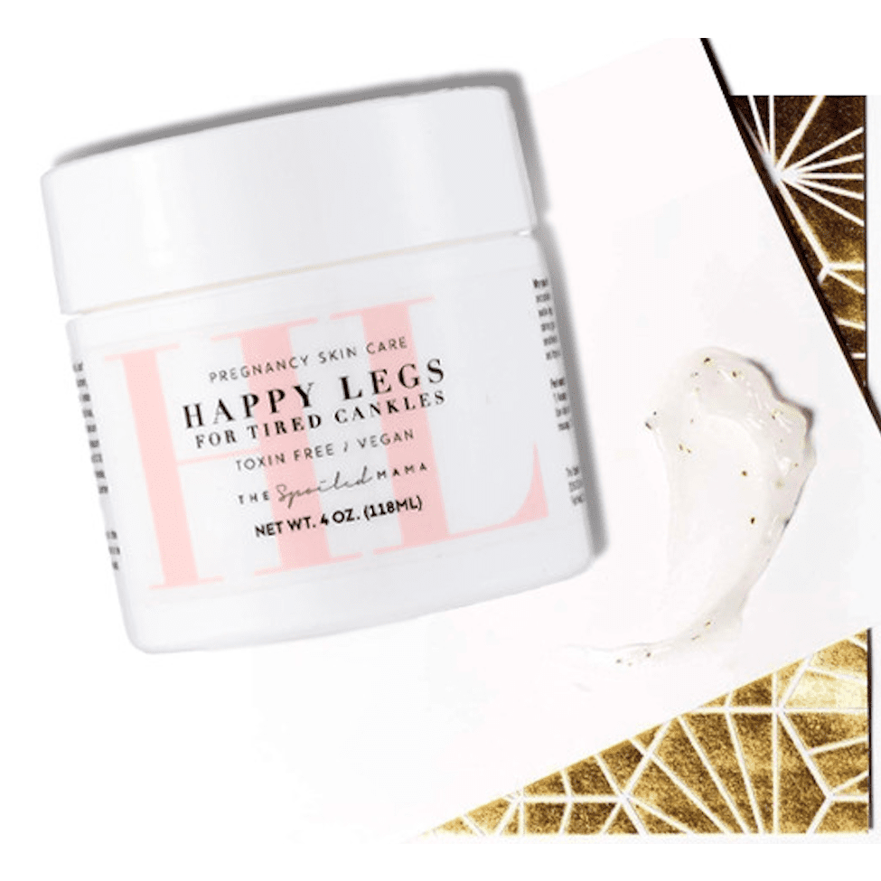Jar of 'Happy Legs' for tired ankles on a white background