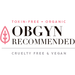 Logo with text 'TOXIN-FREE • ORGANIC • OBGYN RECOMMENDED • CRUELTY FREE & VEGAN' on a black background.