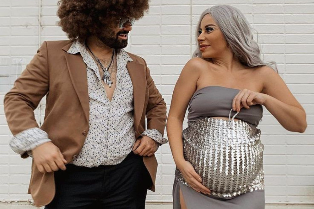 ic:Pregnancy Couple Costume as a Disco Queen & Disco Ball