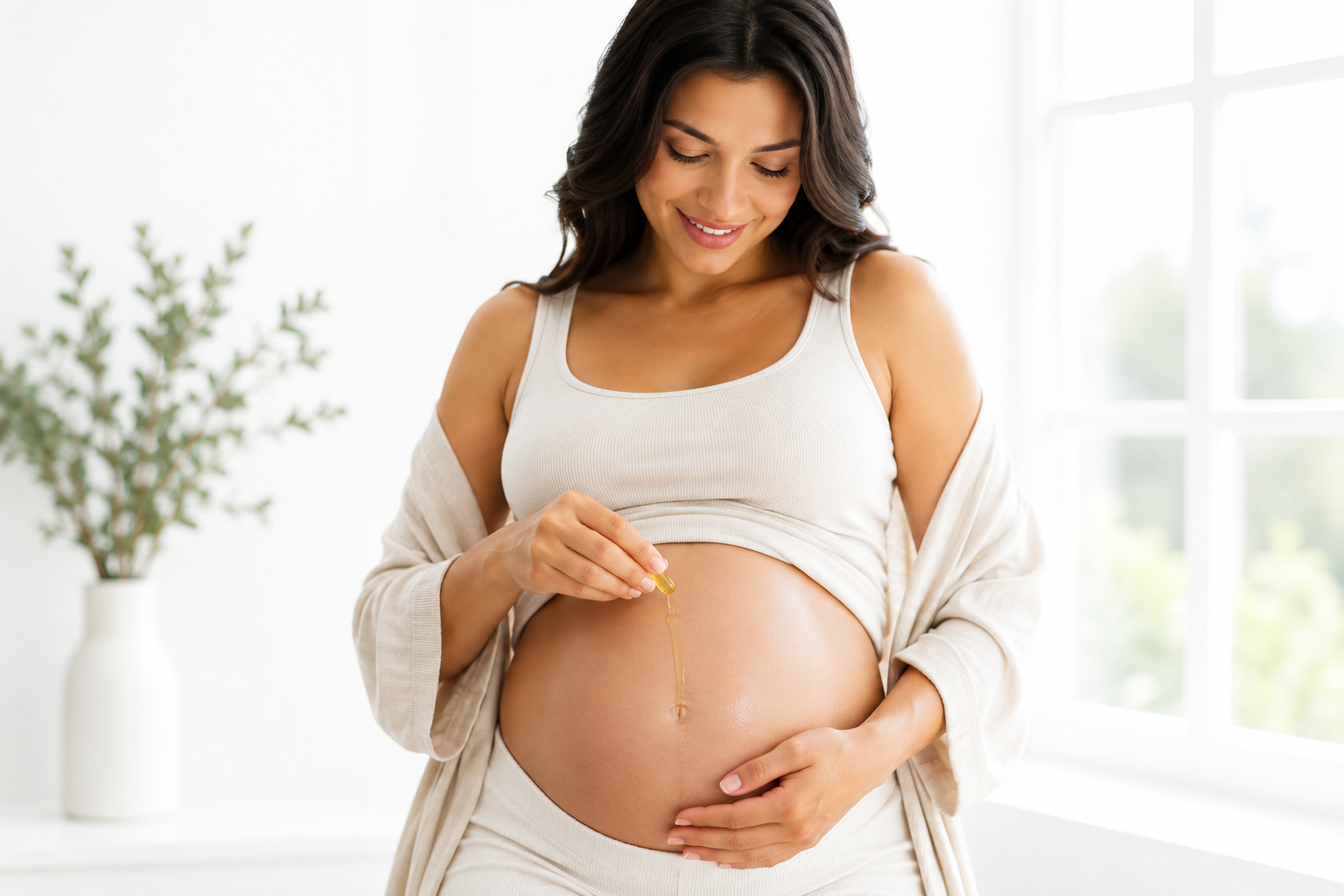 Pregnant woman applying vitamin E oil to her belly during pregnancy.