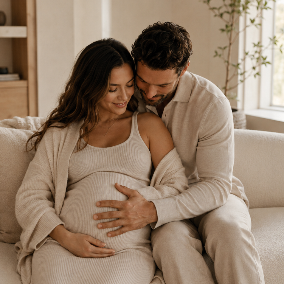 Pregnant couple sharing a quiet moment while expecting their baby, representing The Spoiled Mama's commitment to supporting moms with pregnancy-safe skincare through every stage of pregnancy.