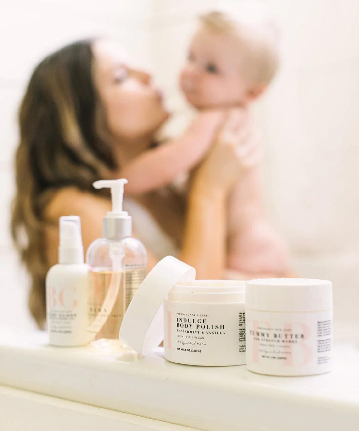 The Spoiled Mama pregnancy skincare products reflecting the brand's commitment to sustainable ingredients, responsible manufacturing, recyclable packaging, and a healthier future for families.