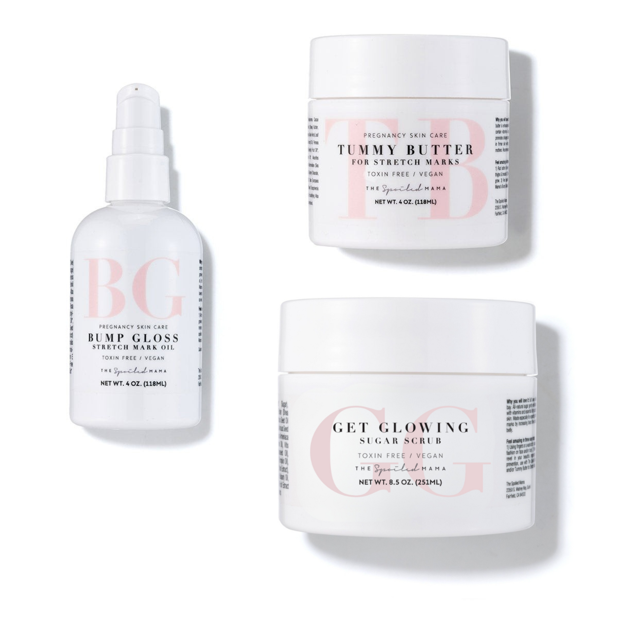 Three pregnancy skincare products from the brand 'Spoiled Mama' on a white background
