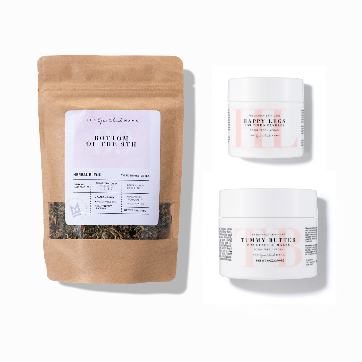 The Push Pack – third trimester pregnancy bundle with labor prep tea, tummy butter for stretch marks, and aloe leg gel for swelling relief
