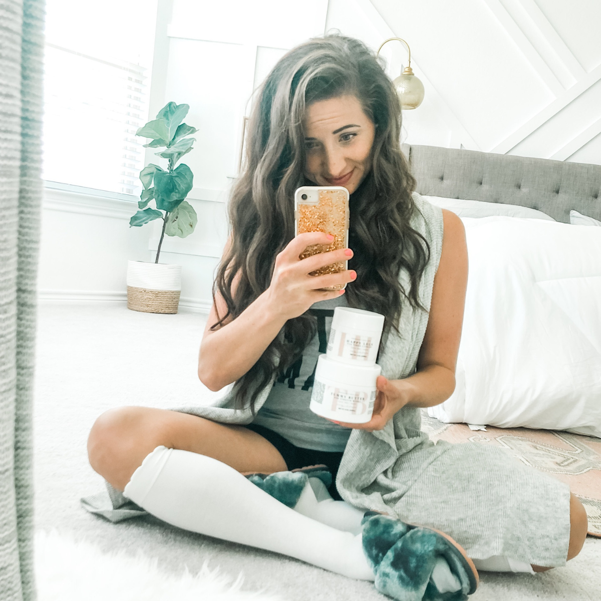 Tummy Butter stretch mark cream and Happy Legs aloe gel shown together as a pregnancy self-care duo for third trimester skin relief