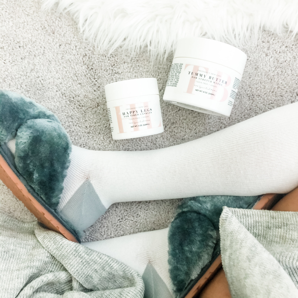 Third trimester skincare with Happy Legs gel and Tummy Butter for pregnancy swelling and stretch mark prevention